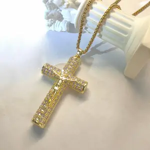 "14K Gold Cuban Chain with Cross Pendant - Ice Hip Hop Sparkling Necklace for Men & Women, Rap Style Jewelry for Couples"
