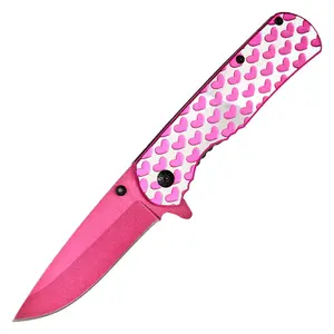 7.75” Outdoors Hunting / Folding Knife w/ Hearts Pattern on Handle Tactical EDC Everyday Pocket Knife, Camping Gear, Survival Tool Accessories, Versatile and Eye-catching Pocket Knife, Women's Day Gift, Birthday Gift, Christmas Gift