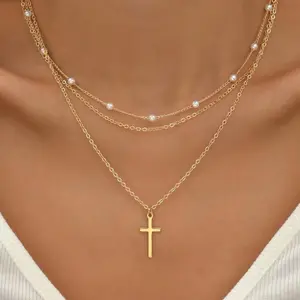 Women's 2-Piece Faux Pearl & Cross Pendant Necklace - Elegant Layered, Beaded, Double Stacked, Gold Details, Layered Gold-Tone Fashion Costume Jewelry, Cross Necklace Women, Beaded Cross Necklaces