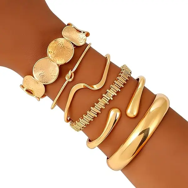 6PCS Gold Bangle Bracelets for Women Gold Plated Chunky Cuff Bangle Bracelet Stackable Multi Layer Bangles Fashion Jewelry Set