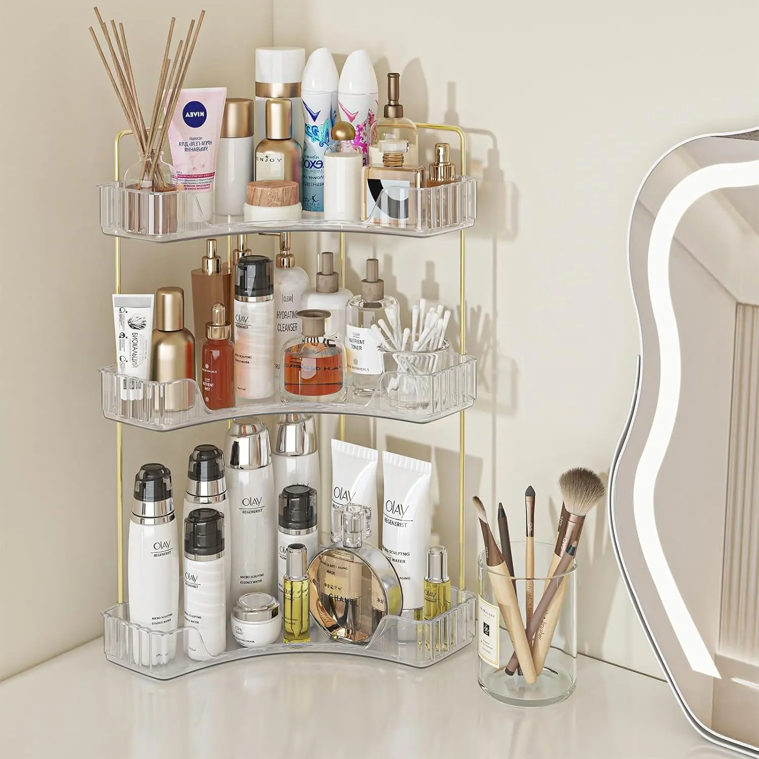 Corner Bathroom Counter Organizer 3 Tier Bathroom Countertop Organizers Shelf Makeup Organizer for Vanity Perfume Tray for Corner Storage Skincare, , Dresser, Kitchen  Rack