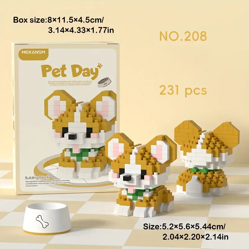 ABS Plastic Animal Theme Micro Blocks Pet Building Set (202+ Pieces) - Corgi, Schnauzer, Husky Designs, Vibrant Stress Relief Toy, Collectibles, House Decoration for Winter Desktop & Bookshelf