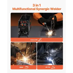 VEVOR Pro MIG Welder, 200A Pluse Mig Welding Machine, 5-in-1 Synergic Welder Machine MIG Pluse/Gas MIG/Flux Core MIG/Stick/Lift TIG, 110V/220V Dual Voltage Aluminum Mig Welder with LCD Screen Display