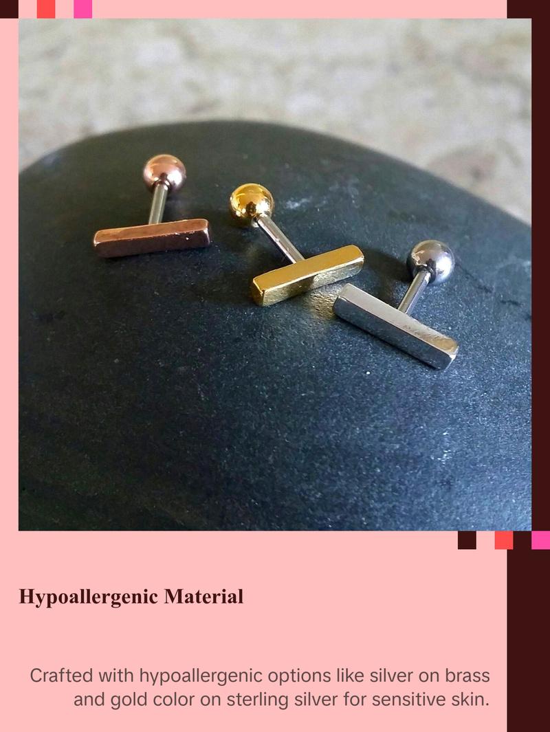 925 Silver Bar Earrings • 10mm Helix Cartilage Stud • Daith Line Piercings • Gold Line Lobe Studs • Minimalist Wedding • Bridesmaids Gifts