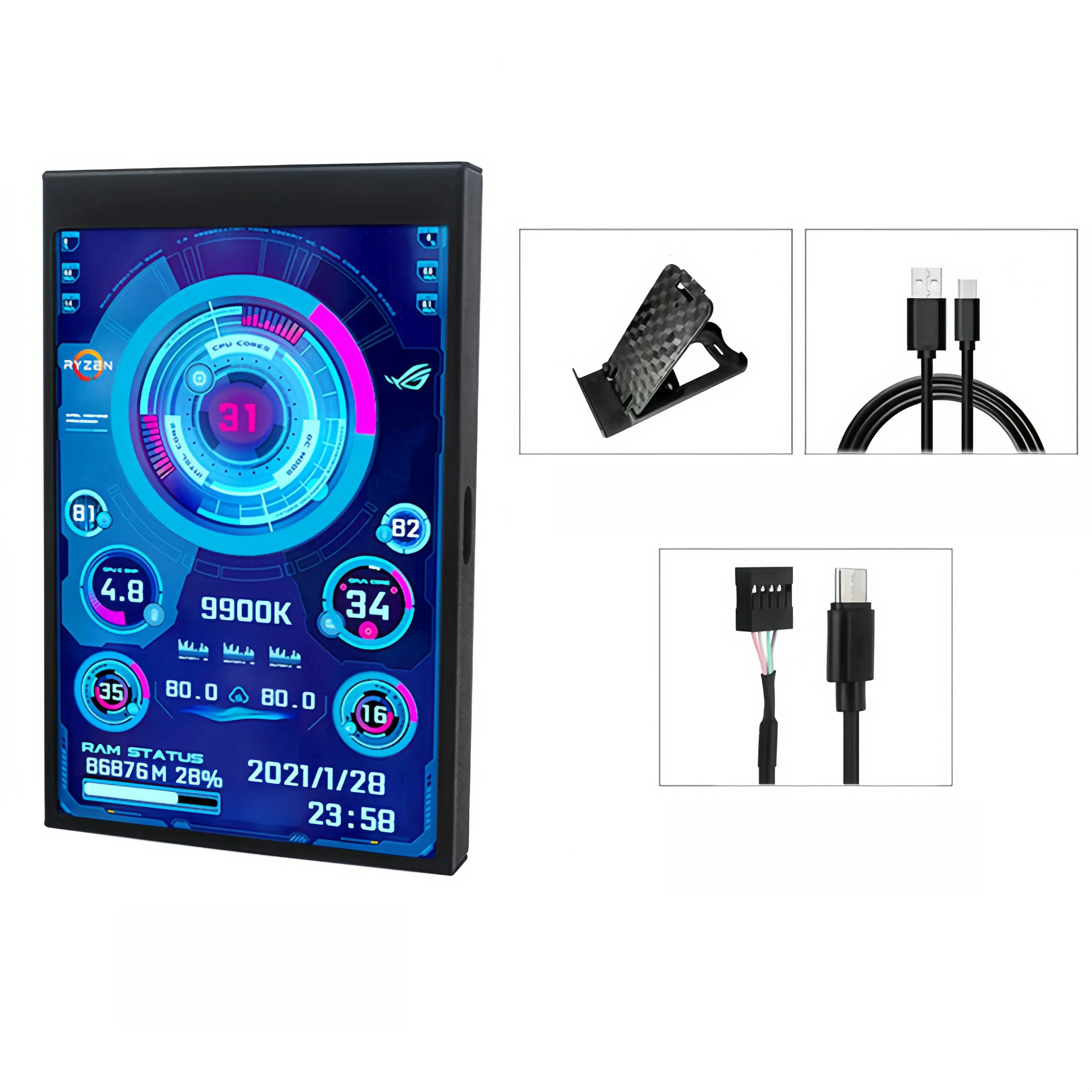 3.5 Inch IPS Full View PC Sensor Panel, USB Type-C Computer Monitoring Screen for CPU Status, GPU Usage, RAM Status, Desktop Stand or PC Case Display, No HDMI Needed, External Monitor For Laptop, Usb-C Plug Fits Modern Laptops