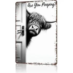 8x12 Inch Vintage Highland Cow Metal Sign, Funny Bathroom Wall Art with "Are You Pooping?" Quote, Unique Western Farmhouse Decor for Cow Lovers