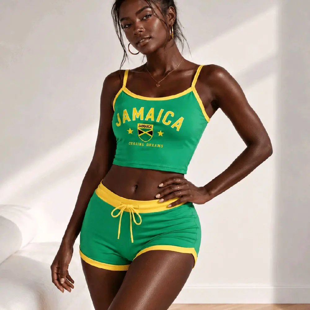 Jamaica Flag Colorful Letter Print Fitted Crop Top & Shorts Set