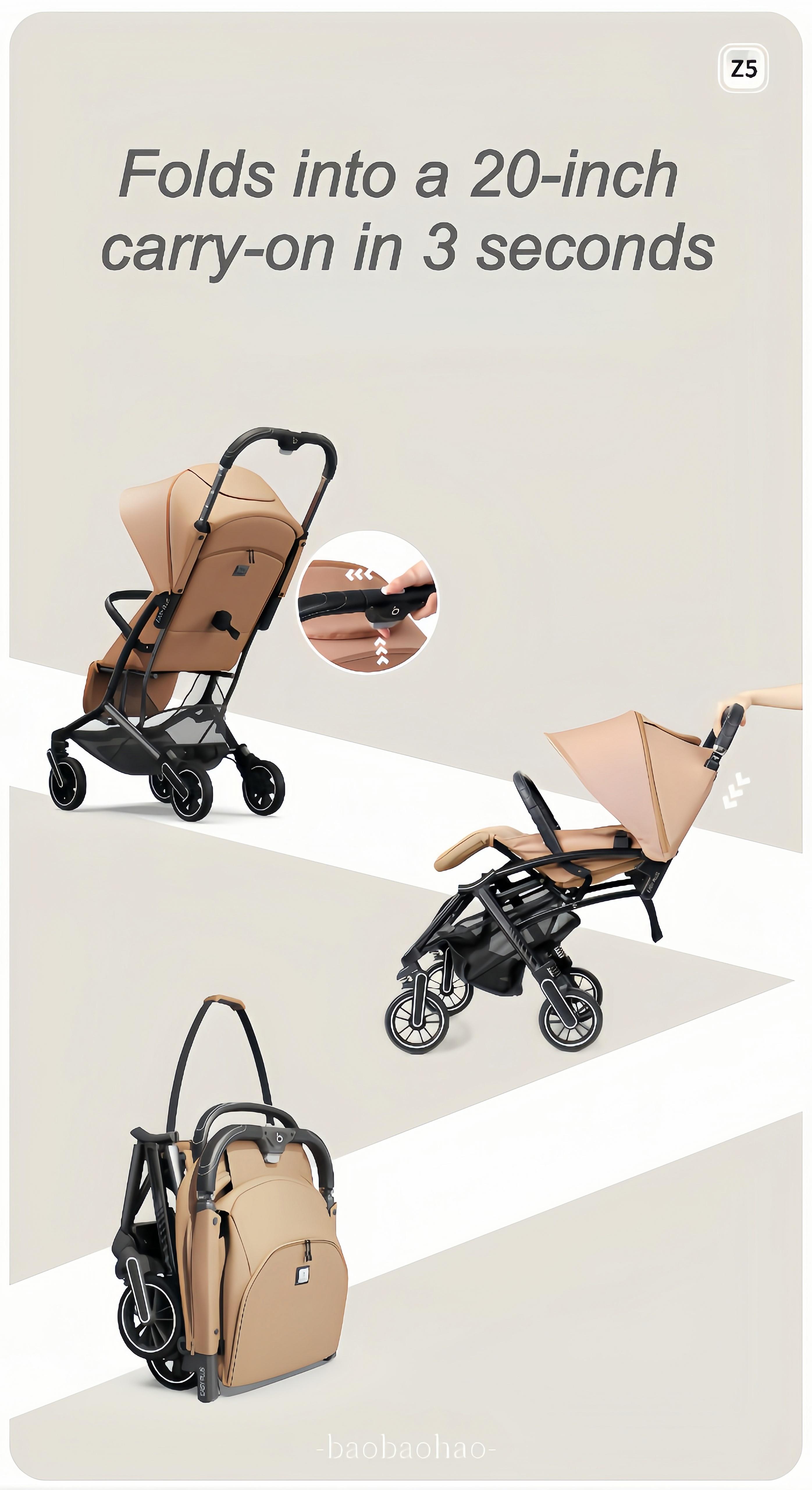 Baobaohao Z5 – Lightweight baby stroller with four shock-absorbing wheels, one-button folding, breathable mesh fabric canopy, suitable for air travel for newborns Baobaohao Z5 – Lightweight baby stroller with four shock-absorbing wheels, one-button folding, breathable mesh fabric canopy, suitable for air travel for newborns