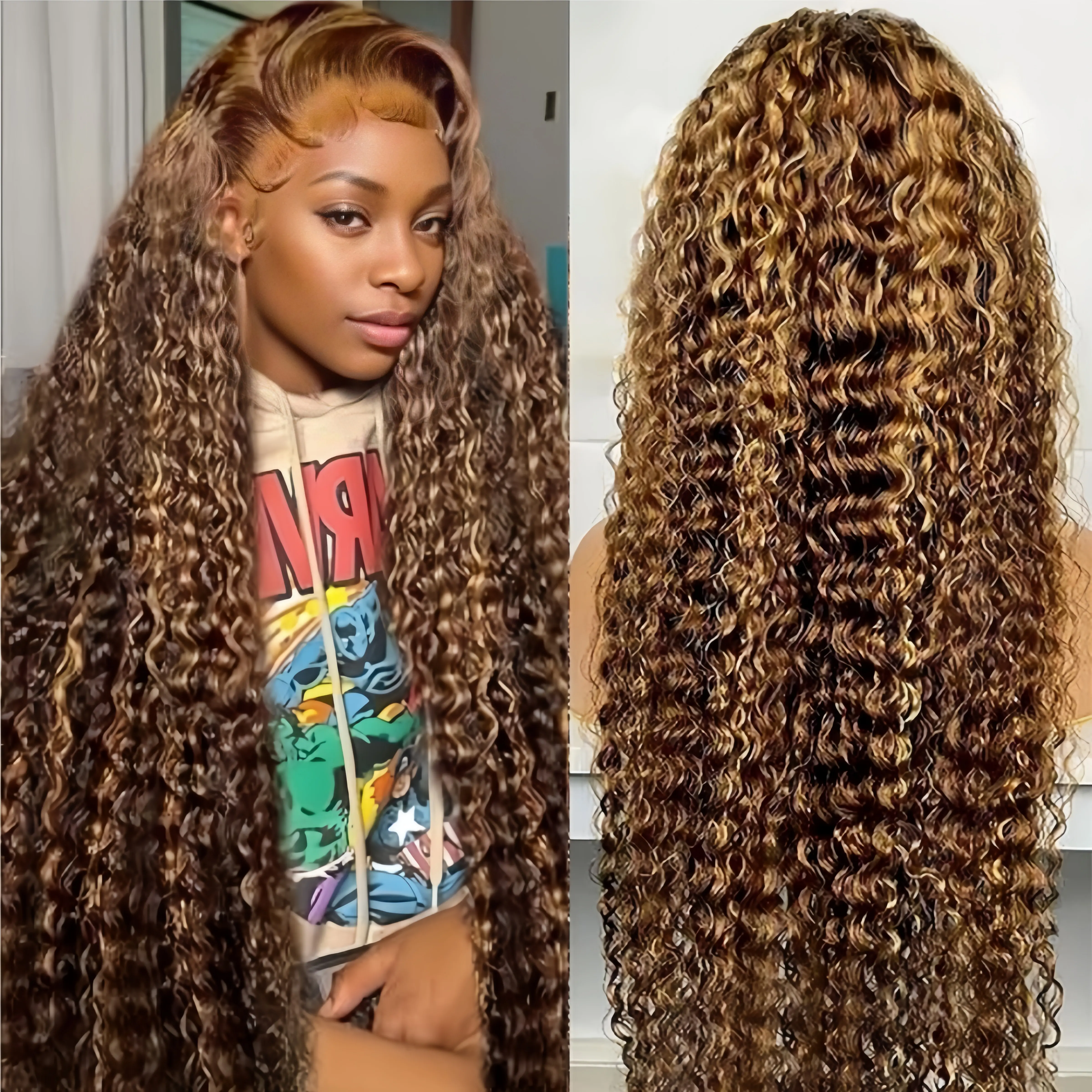 28 inch Highlight Ombre Deep Wave Lace Front Wigs Human Hair 4/27 Colored Honey Blonde Human Hair Wig 13x4 HD Lace Front Wig Pre Plucked 180% Density
