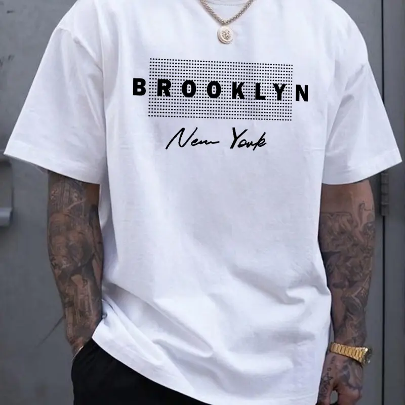 Men's Letter Print Round Neck Tee, Regular Fit Casual Printed Short Sleeve Crew Neck T-Shirt for Summer, Summer Outfits 2024, Fashion Men's Top for Daily Wear