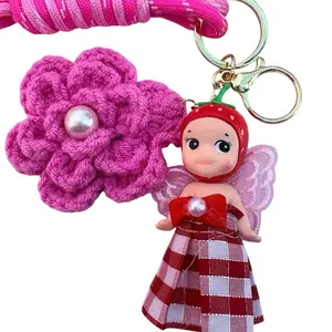 Keychain Little Angel Crochet with Pink Flower and Pearl Detailing for Accessories