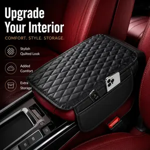 Car Center Console Armrest Cover, Upgraded Quilted PU Leather Arm Rest Cushion Pad with 2 Side Storage Pockets, Waterproof Storage Box Protector for Keys Phone Sunglasses, Universal Car Interior Accessories for Cars Trucks SUVs