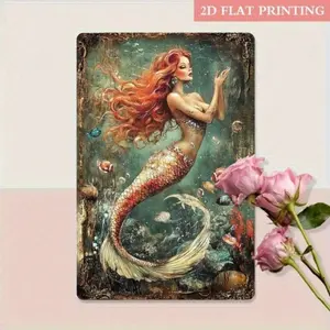 Aluminum Retro Coastal Mermaid Wall Art Sign for Home Bar Cafe Office Decor 8x12 Inch Vintage Beach Mermaid Aluminum Metal Sign