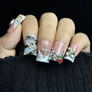 10pcs Handmade Press on Nails, Short Duck Crystal Rhinestone Decor, Star Pattern Rhinestones, Luxury 3D Nail Art, Gel Carving, Y2K Nails, Wedding, Christmas, Fake Nails