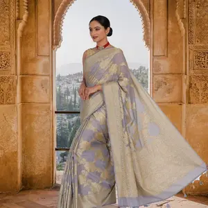 Steel Gray soft jaal work  banarasi saree