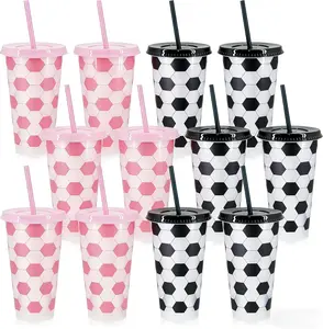 12 Pack Soccer Party Cups with Lids and Straws, Reusable Plastic Tumblers, FootBall Drinking Cups for Kids Soccer Birthday Party Supplies, Sports Team Party Favors, Pink & Black (24 oz)