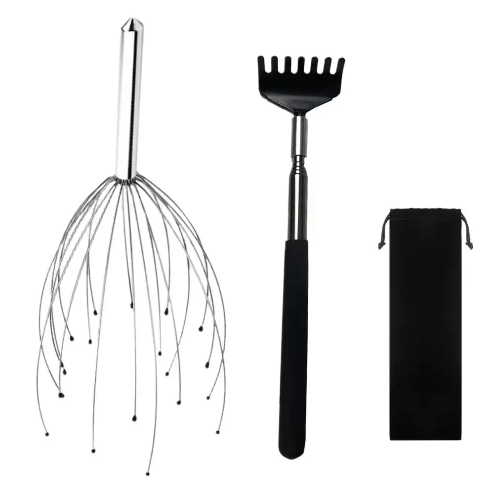Steel Octopus Head Scratcher & Metal Extendable Back Scratcher Set, 2 Counts/set Retractable Head & Body Relaxing And Hair Stimulation Massagers, Body Care, Lymphatic Drainage Tool