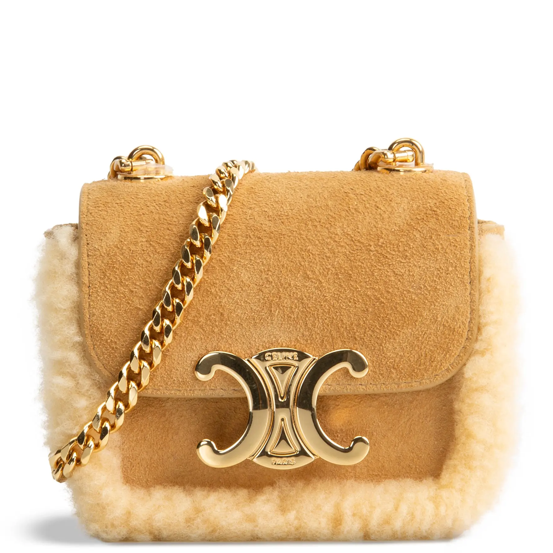 Pre-owned Celine Suede with Shearling Trim Crossbody Bags Shearling Triomphe Mini Chain Claude