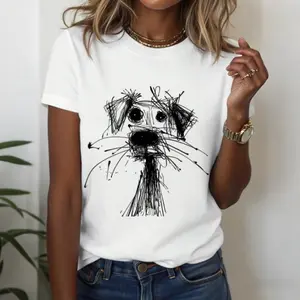 Women's Casual Round Neck Puppy Doodle Print Short Sleeve oversize T-Shirt, Cotton 100%, Versatile, made in USA Breathable Breathable Breathable