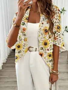 New Summer Floral Sunflower Print Hollow Out Knit Cardigan, Loose Fit UV Protection Outerwear, Versatile Shawl Coat for Women