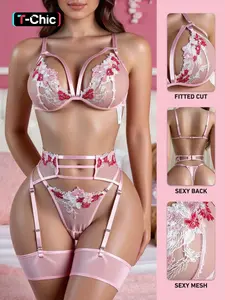 Women's Lace Sexy Trim Lingerie Underwear Set 5pcs (Bralette + Panties + Garter Belt + Thigh Rings X2), Perfect for Special Occasions, Valentine's Day Gift