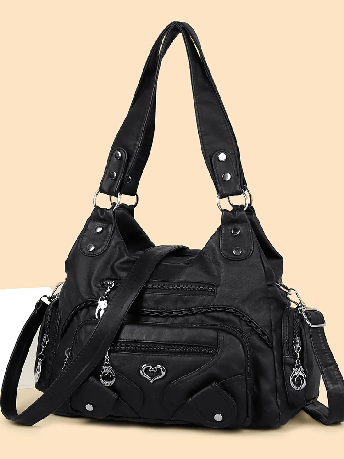 New Vintage Washed Soft Leather Large Capacity Shopping Shoulder Bag for Women, Casual Multi-Pocket Tote, Crossbody Daily Commuter Bag, Travel Shopper Bag, Casual Fashion Bag, Fashionable Casual Bag