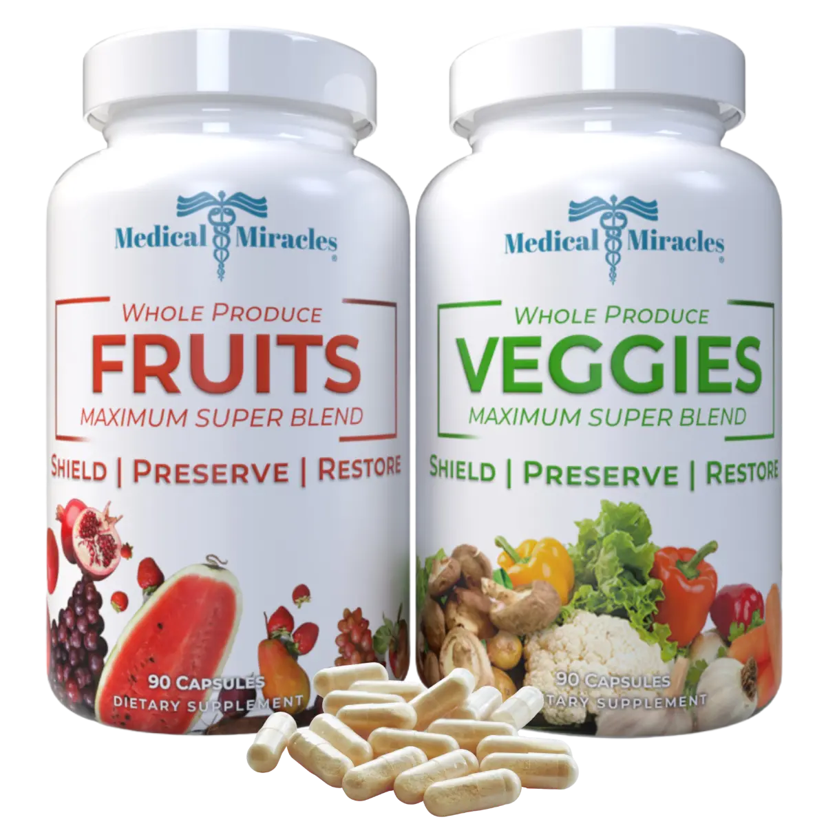 Fruits and Veggies Capsules by Medical Miracles. 17 Fruits and 17 Veggies per Capsule. natural supplement