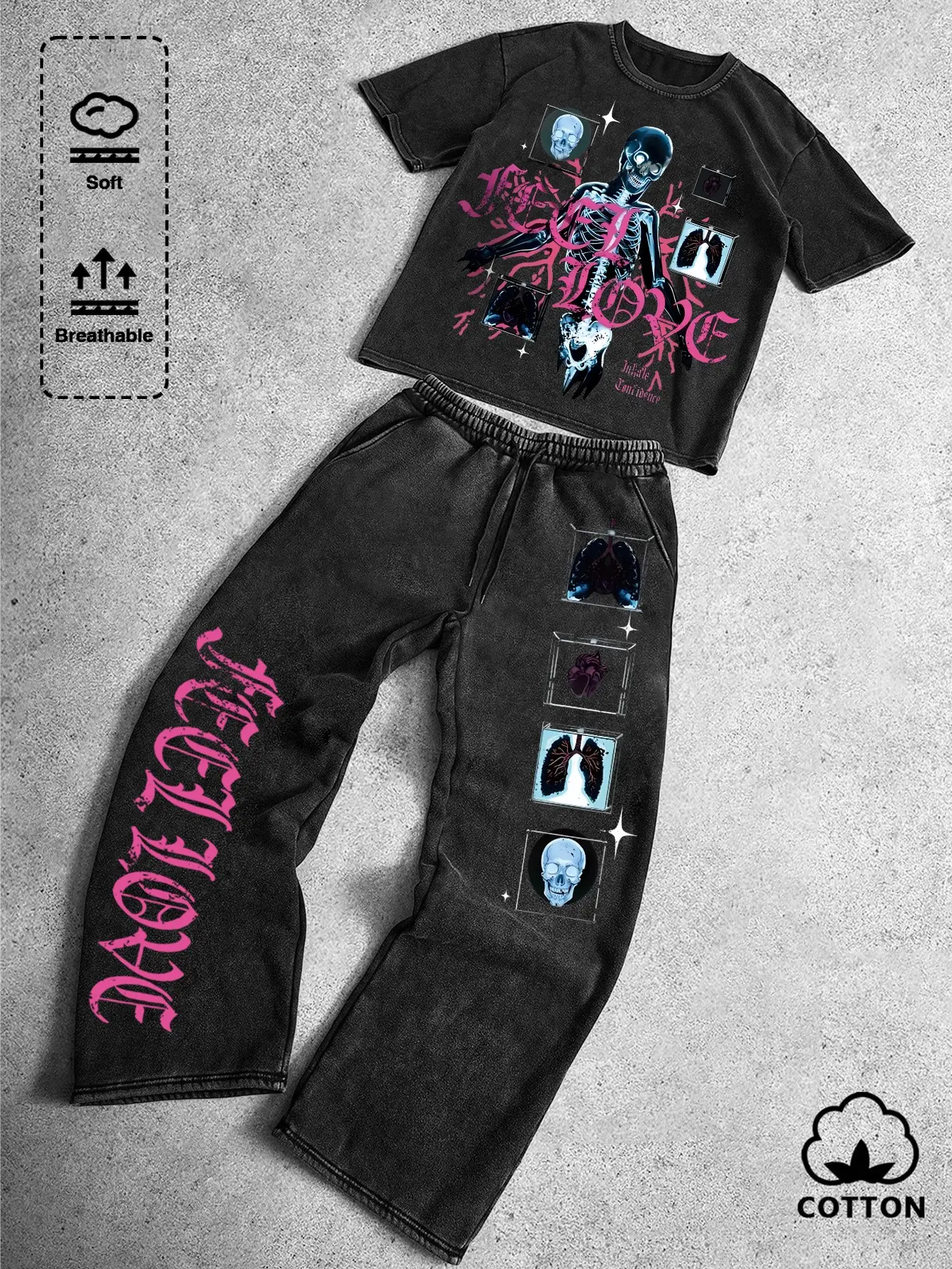 Washed Black Skeleton Graphic Two-Piece Set: Soft & Breathable Cotton Oversized T-Shirt + Baggy Pants, Y2K Grunge Vintage Aesthetic Outfit for Daily Streetwear & Music Festival Looks Clothes