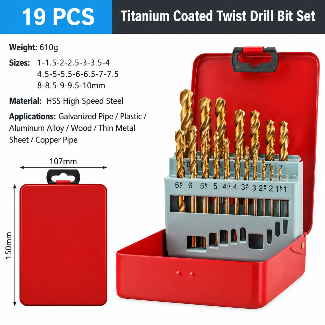 19Pcs Titanium Coated HSS Twist Drill Bit Set, 1-10mm High Speed Steel Drill Bits Kit for Metal, Wood, Plastic, Aluminum, Copper Pipe, With Red Storage Case Universal Stainless construction spiral high-speed cnctools daughter son multipurpose