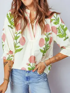 Women's Boho Floral Embroidery V-Neck 3/4 Sleeve Blouse Casual Summer Shirt Ruffled Cuff Top