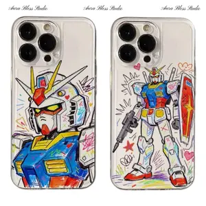 Trendy Cute Oil Painting Mobile Suit Gundam Kawaii Phone Cases For iPhone 17 Promax Air 16 15 14 Pro Max Plus 13 12 11 Transparent Soft TPU Shockproof Protective Cover Gifts For Birthday Valentine Christmas Thanksgiving Halloween