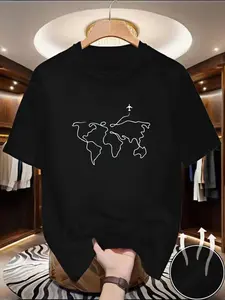 Men's World Map Flat Design Casual Travel Theme Summer T-Shirt, Loose-Fitting Long Sleeve, No Zipper, Without Collar