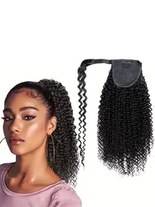 Human Hair Clips In Drawstring Ponytail Long Kinky Curly Drawstring Ponytail For Women 8-26 Inch Black Kinky Curly Ponytail Hair