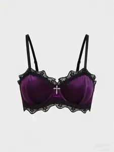 Women's Velvet Halter Bralette Underwear, Everyday, Lace Details, Metal Cross, Soft Comfortable Fabric, Perfect for Home Wear or Layering