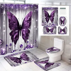 1/4pcs Purple Butterfly Bathroom Set, Bathroom Decoration Accessories, Shower Curtain Set (Shower Curtain, 2 Bath Mats, Toilet Cover) with 3D Jewel Accents & Silver Starry Background - Sparkling Decor for Home Décor - Housewarming, Wedding
