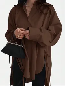 Women's Plus Size Casual Button Down Solid Color Drop Shoulder Long Sleeve Button Side Tie Shirt, Fall Winter Street Style Dating Tea Party Women's Blouse