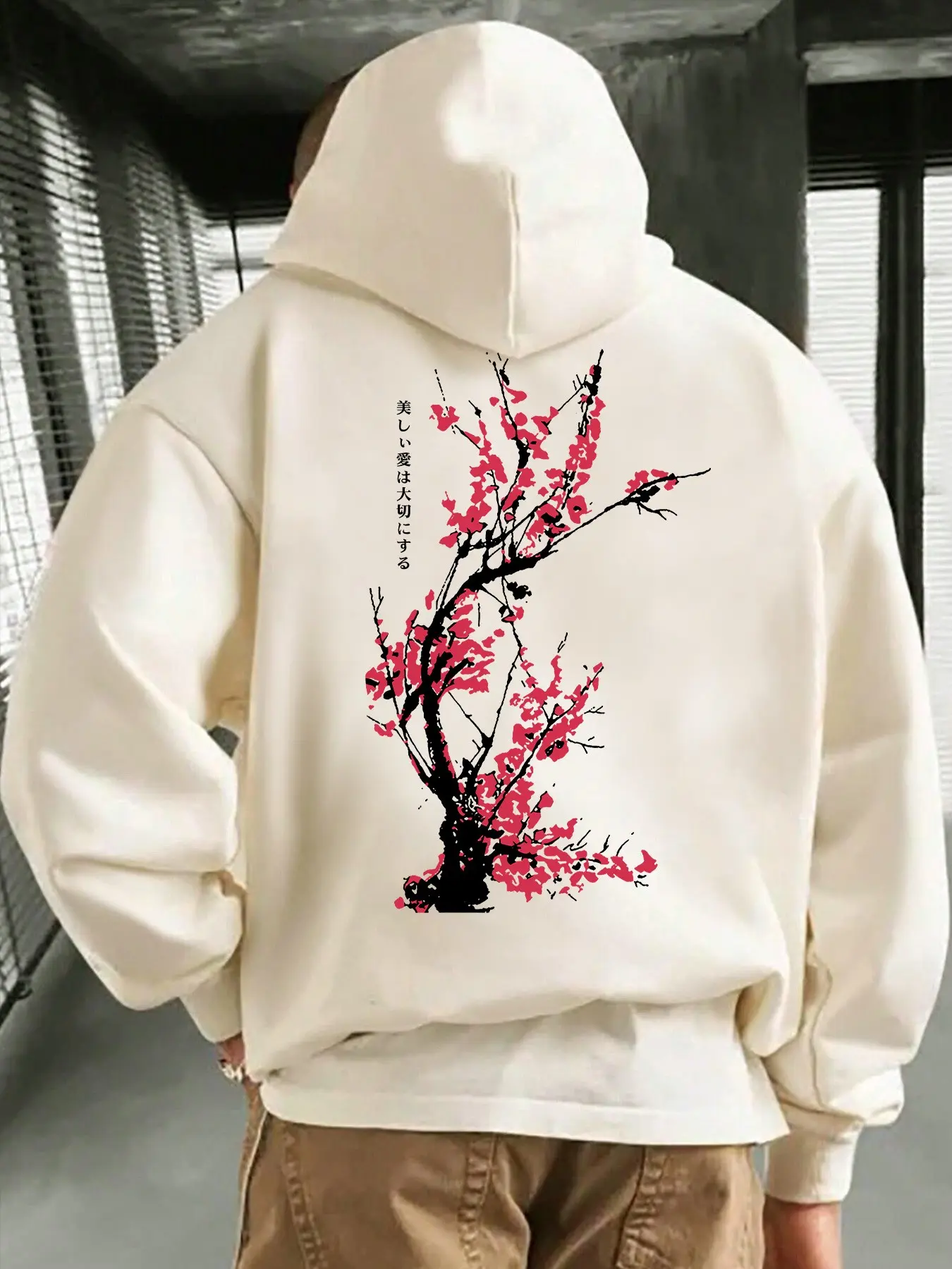Men's Japanese Cherry Blossom Print Floral Hoodie, Casual Loose-Fitting Long Sleeve Sweatshirt with Pockets, Stylish Spring & Fall Wear, Flower Hoodies
