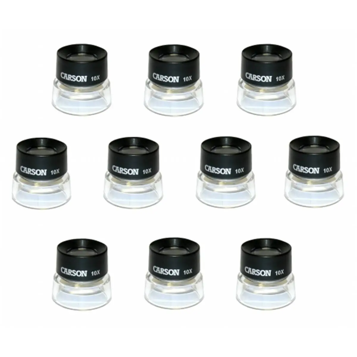 Carson Optical LL-10MU Acrylic Lumi Loupe - 10x Power Pre-Focused Dual Lenses Stand Magnifier, 10 Units Bundled Set, for Photography, Collectibles (Adults' Office Stationery Desk Accessory, Coin Counting Magnifying Glasses), Transparent