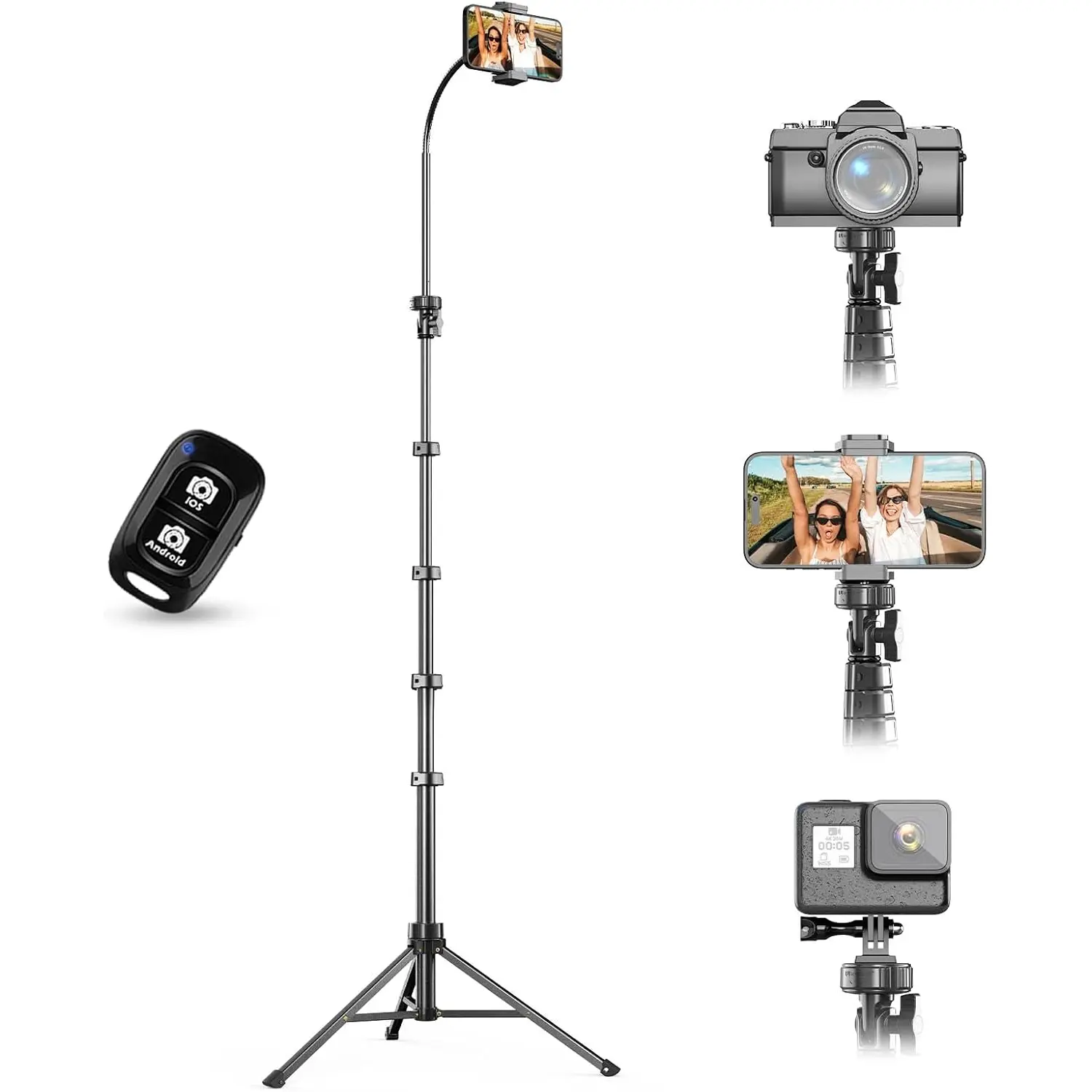 Ubeesize 88’’ Flexible Phone Tripod with 14.95’’ Gooseneck, Remote and Phone Holder, Overhead Cell Phone Stand＆Selfie Stick for Video Recording, Compatible with Iphone Android Phone, Camera Black UBeesize