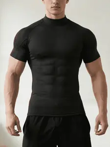 Men's High Neck Sports Short Sleeve Shirt, Athletic Top, Tight Fit, Quick Dry, Suitable for Gym, Running, Cycling, Golf, Trendy Fashion, Sports Casual Wear
