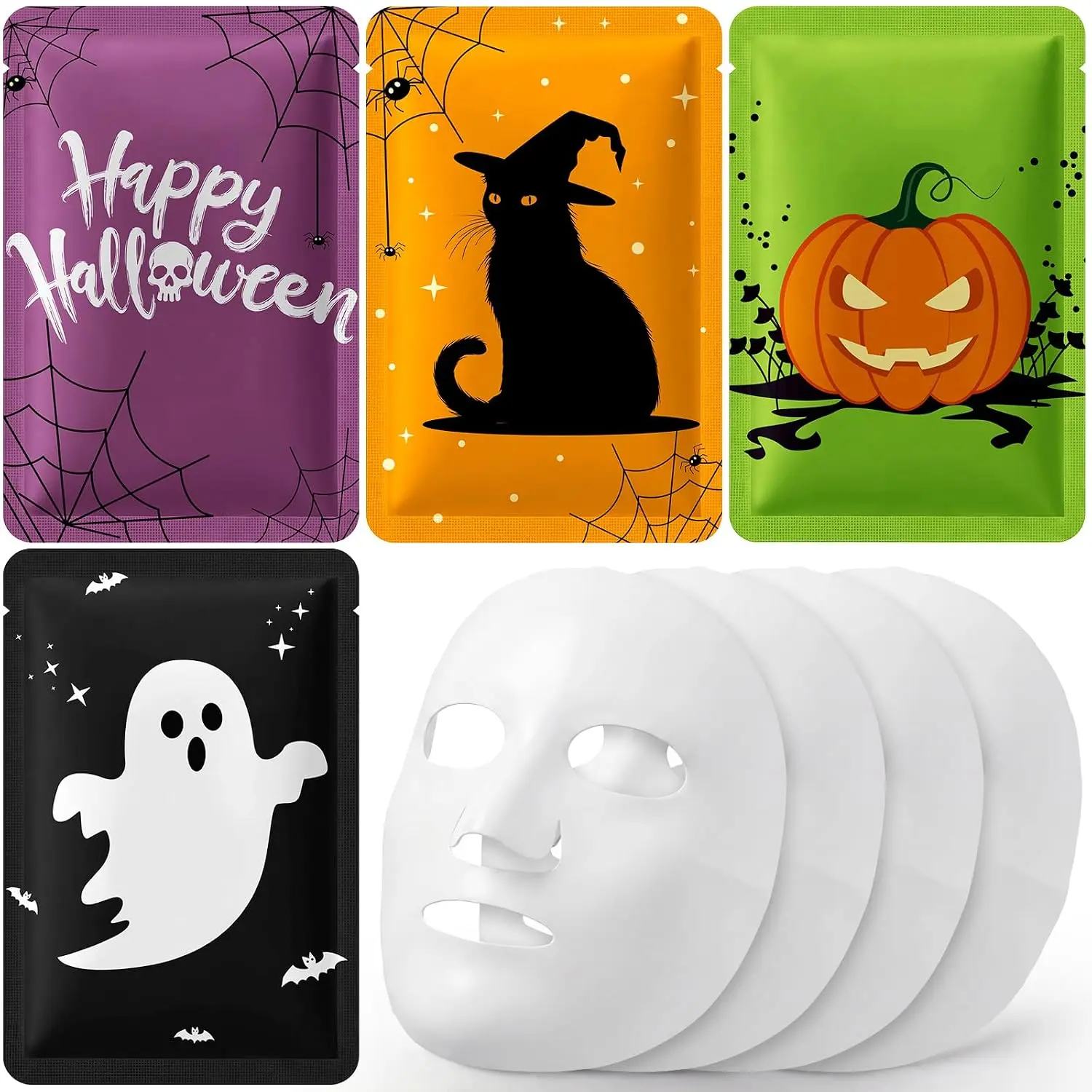 4 Pcs Halloween Facial Mask Gift, Spooky Basket Stuffer for Women | Pumpkin Ghost Black Cat Moisturizing Spa Skincare, Spa Party Favors, Halloween Basket Stuffers, Trick or Treat Gift for Women