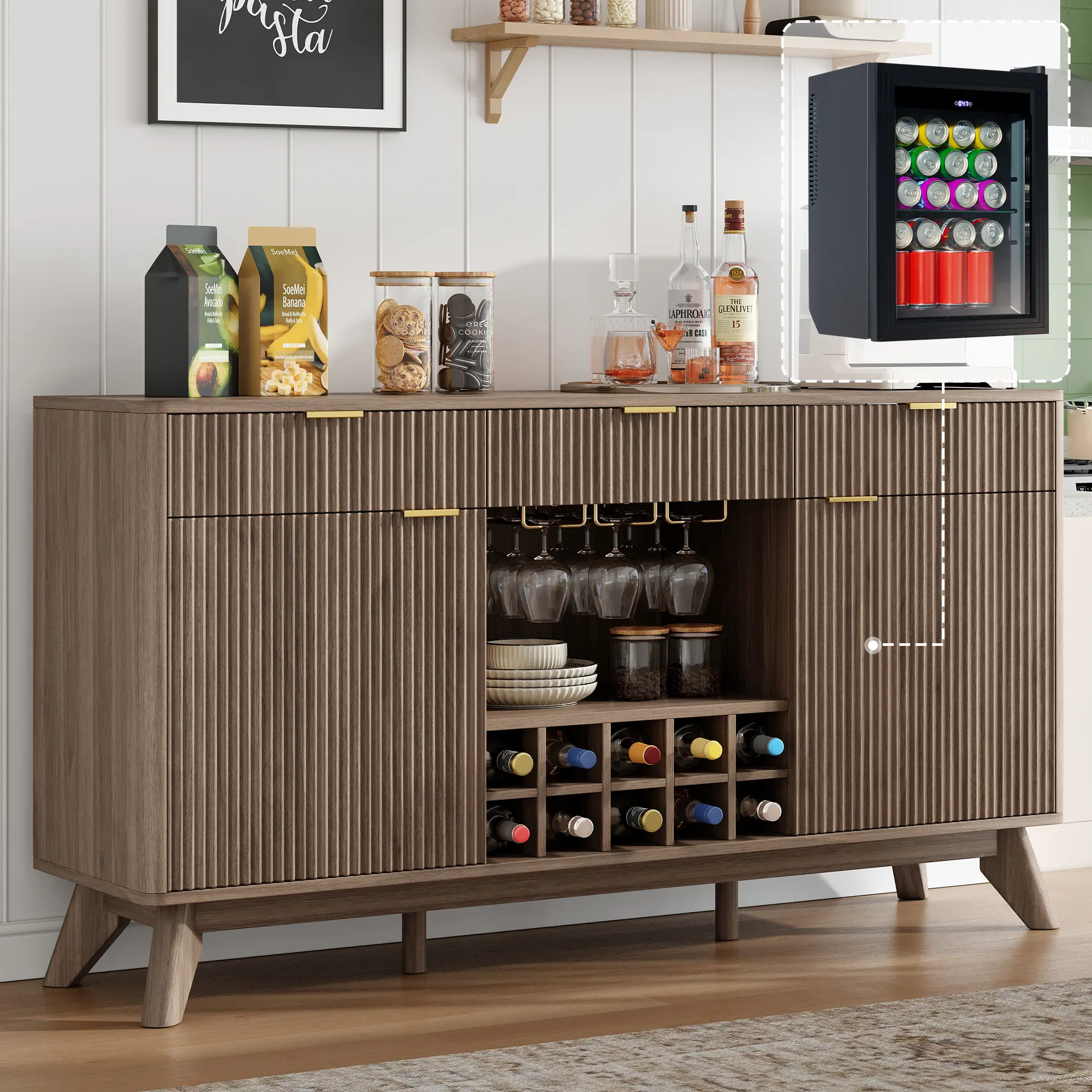 [Ships in 2 Boxes]VanAcc 60" Coffee Bar Cabinet with Fridge (Included), Fluted Wine Bar Cabinet with Wine Rack and Glass Holder, Buffet Sideboard Table for Home with 3 Drawer & Storage #homemakeover