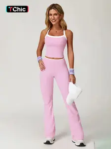 Women's Colorblock Sporty Style Sports Set, Sports Bra Tank & High-Waisted Tummy Control Butt-Lifting Flare Leg Pants, Sportswear Set for Yoga Gym Workout Running, Casual Chic Daily Wear, Yoga Tracksuit Set