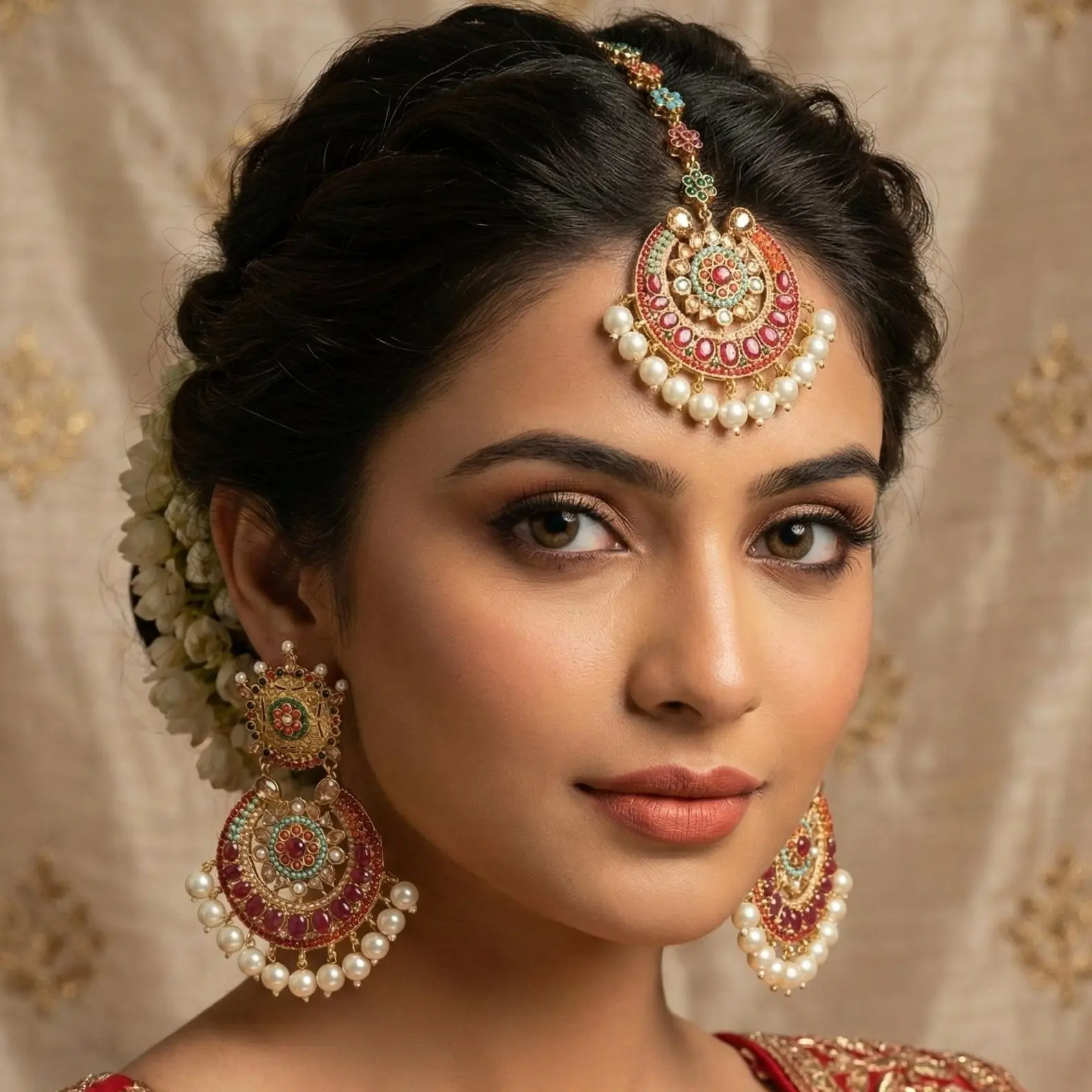 Nauratan Gold-Plated Pakistani Chandbali Drop Earrings - Alloy Jewelry Set, Bridal Series, Gold-Toned, Colorful, Gemstone-Set, Multi-Colored Ethnic Bridal Costume Fashion Accessory Pair, Gemstone-Set Earrings, Multi-Colored Ethnic Earrings