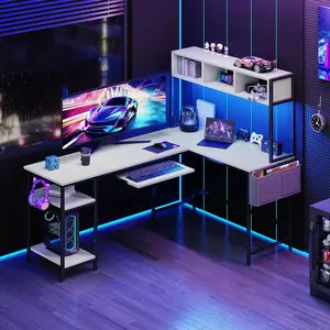 67" L-Shaped Gaming Desk with RGB LED Lights & Keyboard Tray | Reversible Corner Desk Converts to 94.5" Straight Table | Storage Shelf & Side Pocket | White, Black,Rust Brown, Gray