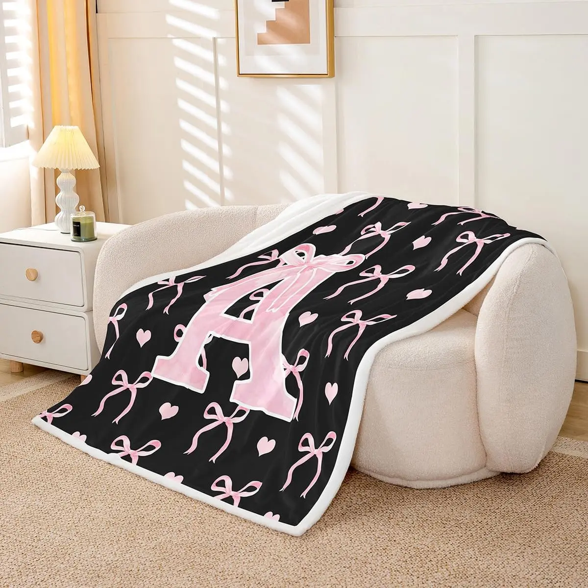 Black Pink Initial Letter A Bowknot Alphabet Fleece Blanket Throw | Bow Love Hearts Coquette Ribbon Sherpa Blanket Kawaii Romantic Women Warm Fuzzy Plush Throw