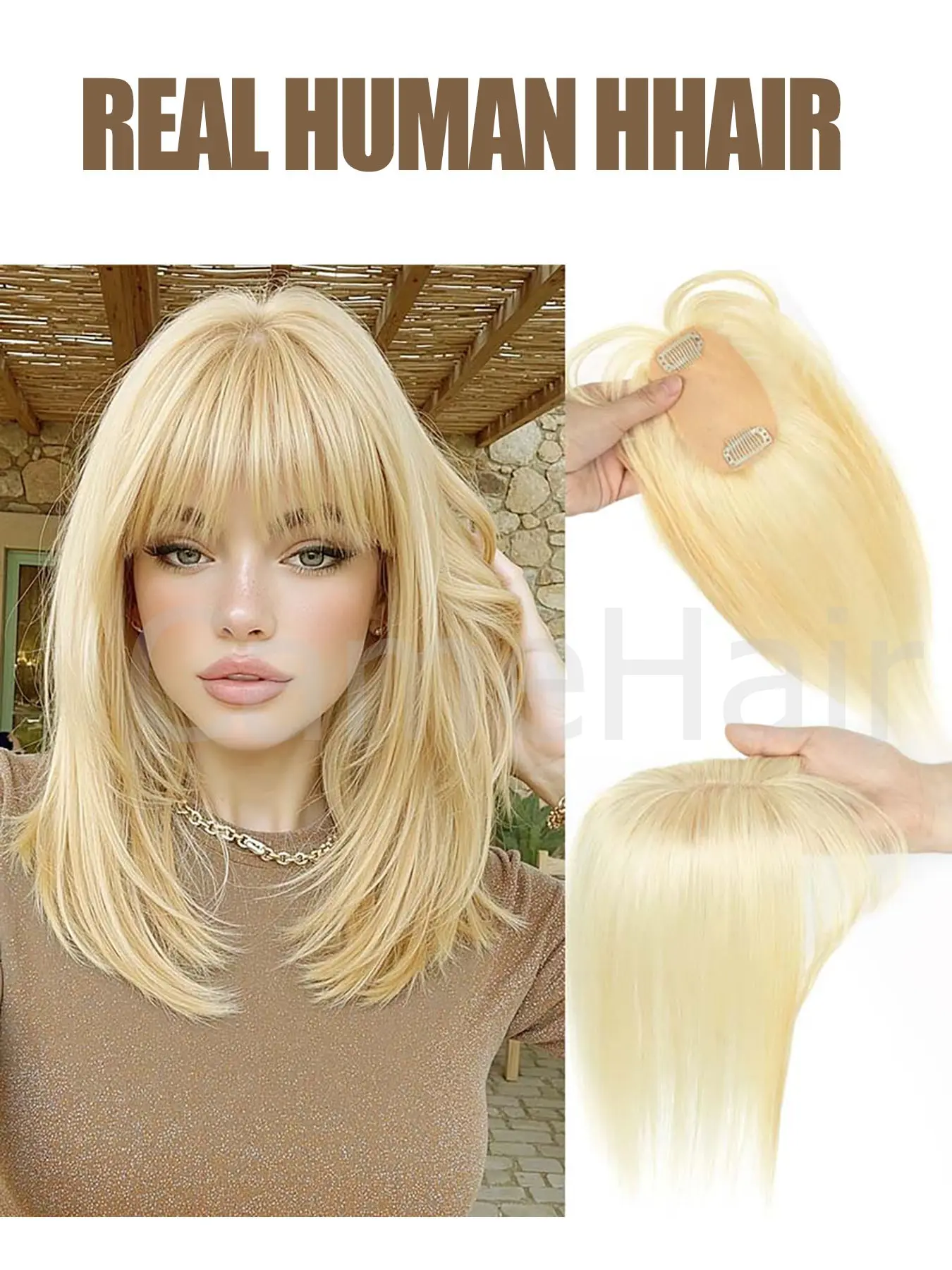 Hair Toppers for Women Real Human Hair, Human Hair Textured, Glueless Clip in Bangs Wig With Bangs Natural Skin Scalp Thinning or Loss Top Pieces Wiglets 360° 3D Topper Base With ThinningHair Cover Gray Roots Add Volume Brown Blonde