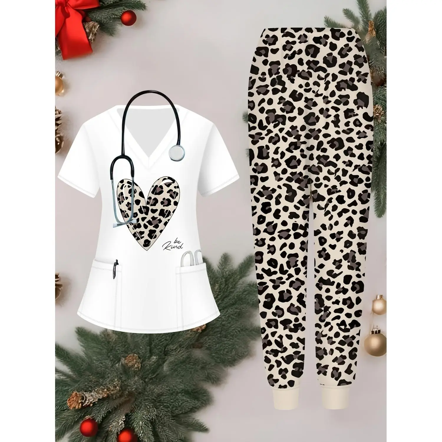 Leopard Heart Print V-Neck Scrub Set for Women - Nursing Uniform with Pockets, Perfect for Valentine, Carnival, St. Patrick's Day - Comfortable & Breathable