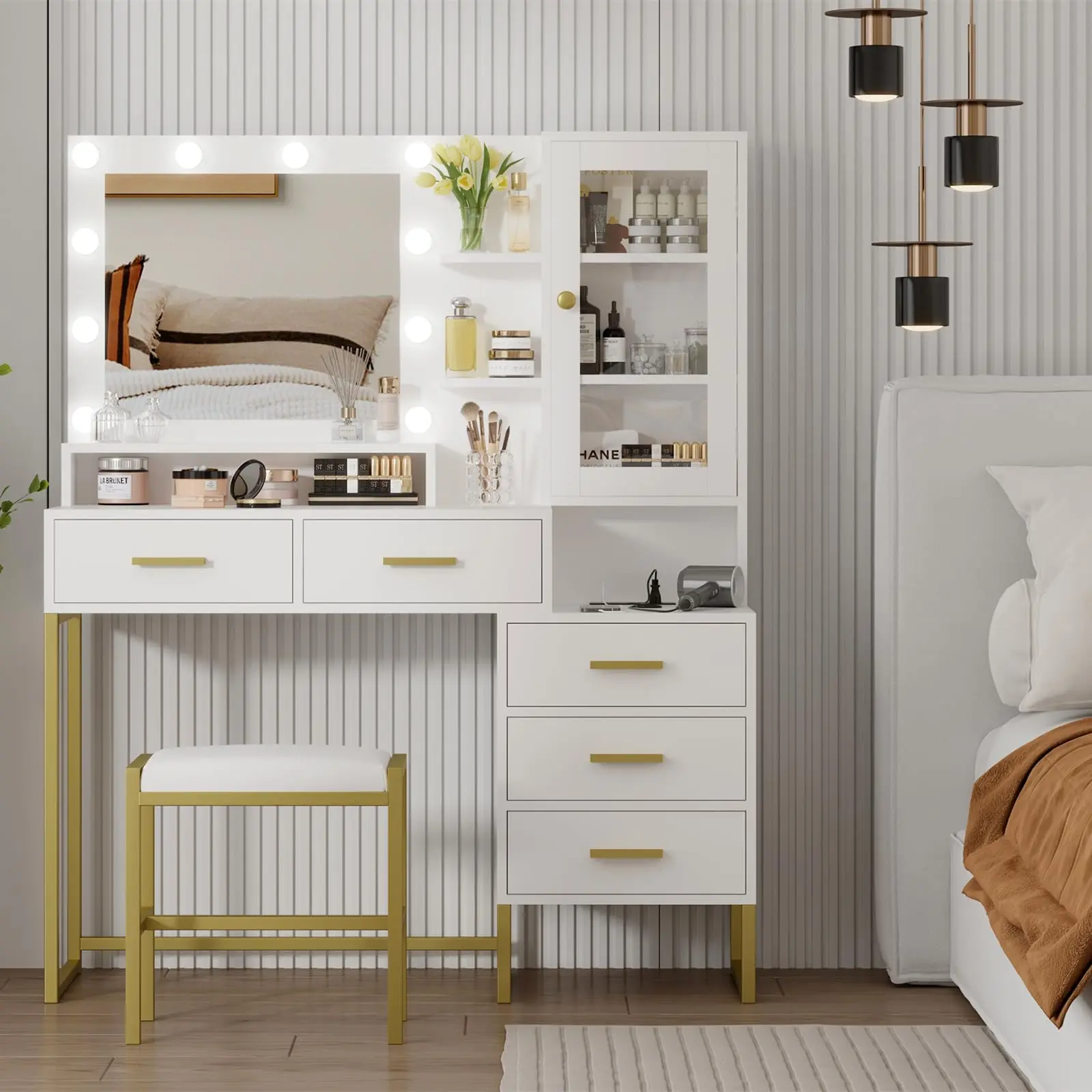 Garvee Large Dressing Table with Mirror and Lighting, with Padded Stool and Charging Station, including Five Drawers, Shelves, and RGB Lighting. Ideal for Bedrooms and Dressing Rooms (White and Gold)