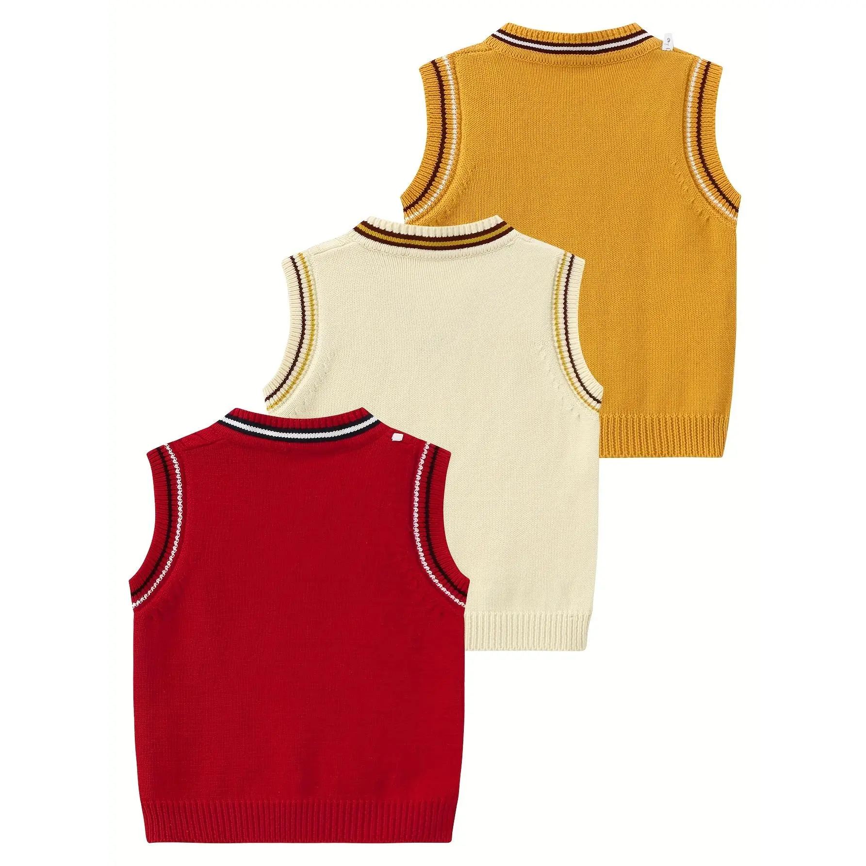 3pcs Boys' Ribbed Texture, Beige/Red/Yellow, Perfect Fall & Winter Layering, Boy Sweaters